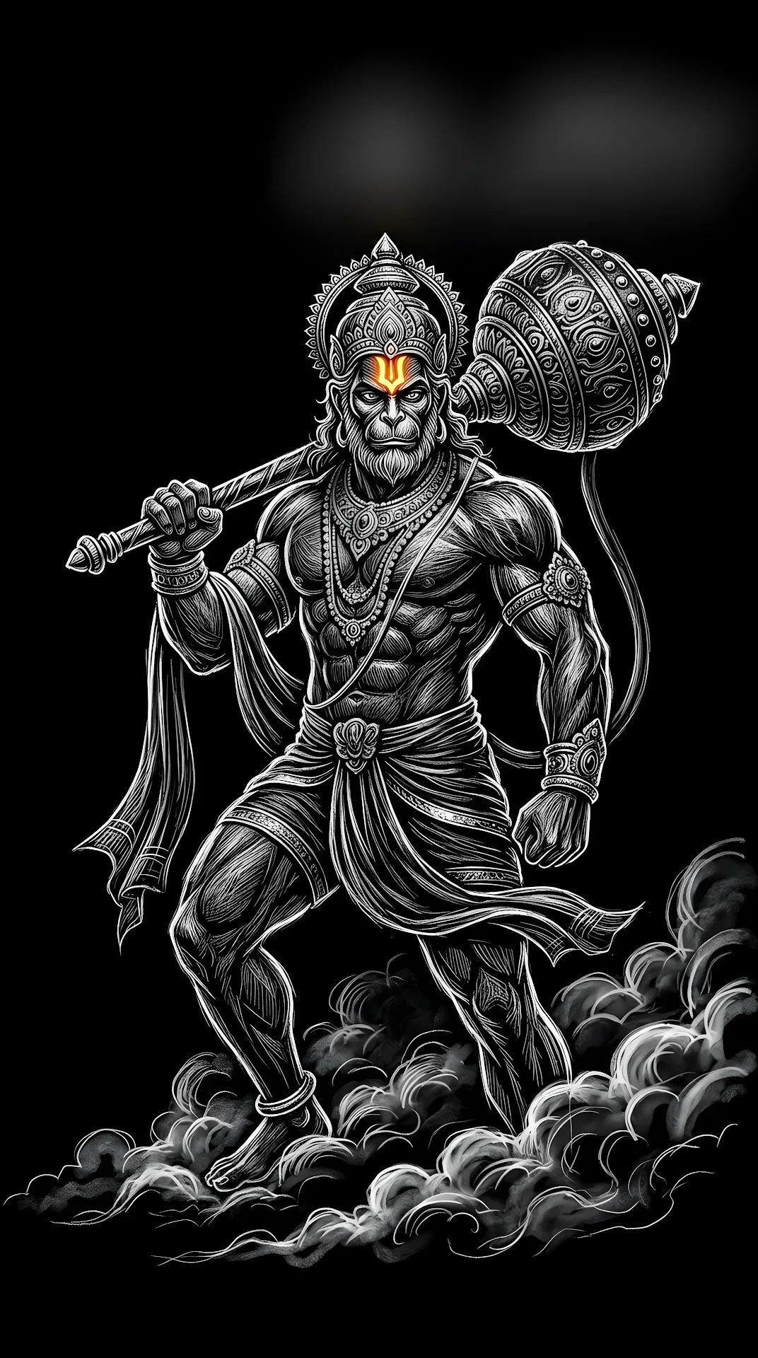 Lord Hanuman with Gada in Divine Monochrome Smoke - Free 4K mobile Wallpaper
