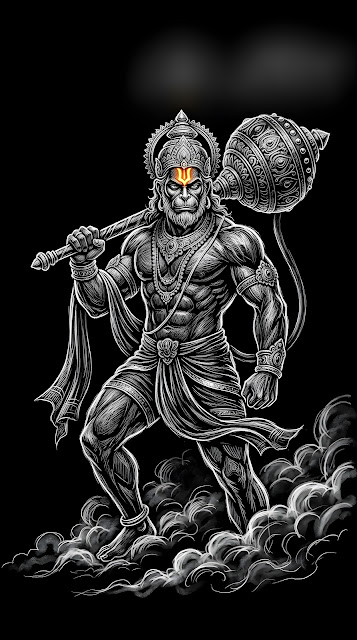 Lord Hanuman with Gada in Divine Monochrome Smoke - Free mobile Wallpaper