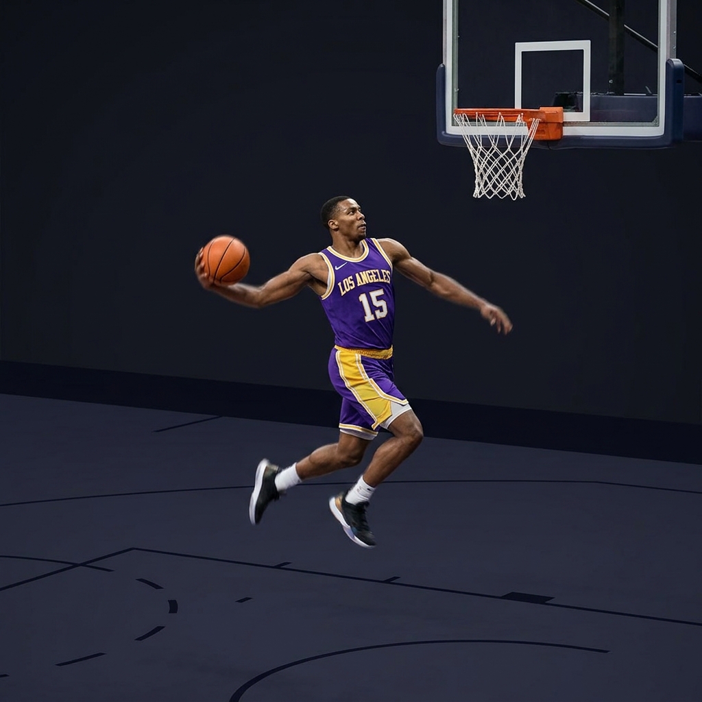 Action shot of an nba player 15 driving to the basket in a purple and gold uniform on a clean minimalist court with dark Funded Plays background