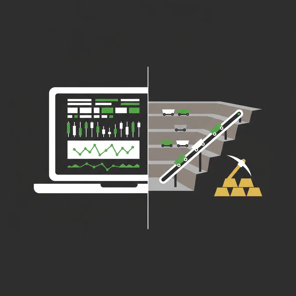 Minimalist split vector of a laptop with ETF quotes and a stylized gold mining site illustrating how to buy gold on stock market in Finance Police brand colors