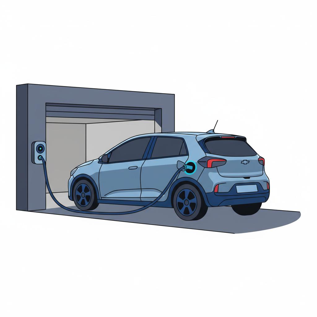 Minimalist 2D vector of a compact Chevy charging on a driveway at dusk emphasis on rear quarter and charging cable with blue accents most reliable Chevy models