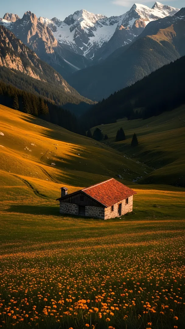 Alpine Meadow Cabin with Snow-Capped Mountain Backdrop