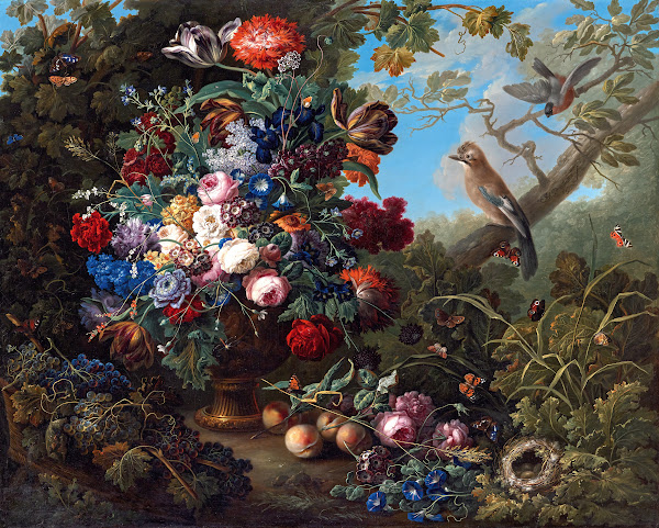 Großes Blumenstillleben mit Vögeln 1799