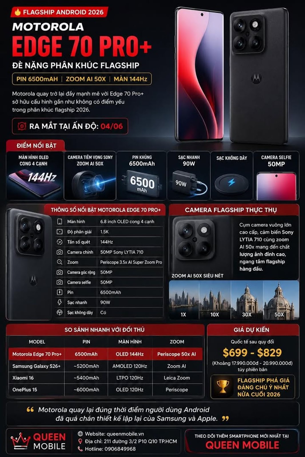 Motorola Edge 70 Pro+ lộ cấu hình “đè nặng” phân khúc flagship Android 2026 với pin 6500mAh và zoom AI 50x