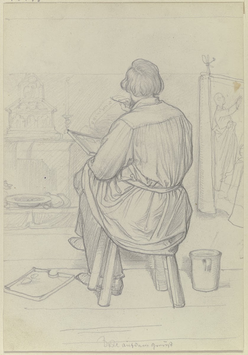 Der Maler Leopold Bode als Rückenfigur sitzend bei der Arbeit ca 1861 1864