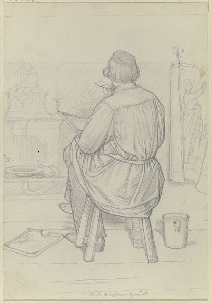 Der Maler Leopold Bode als Rückenfigur sitzend bei der Arbeit ca 1861 1864