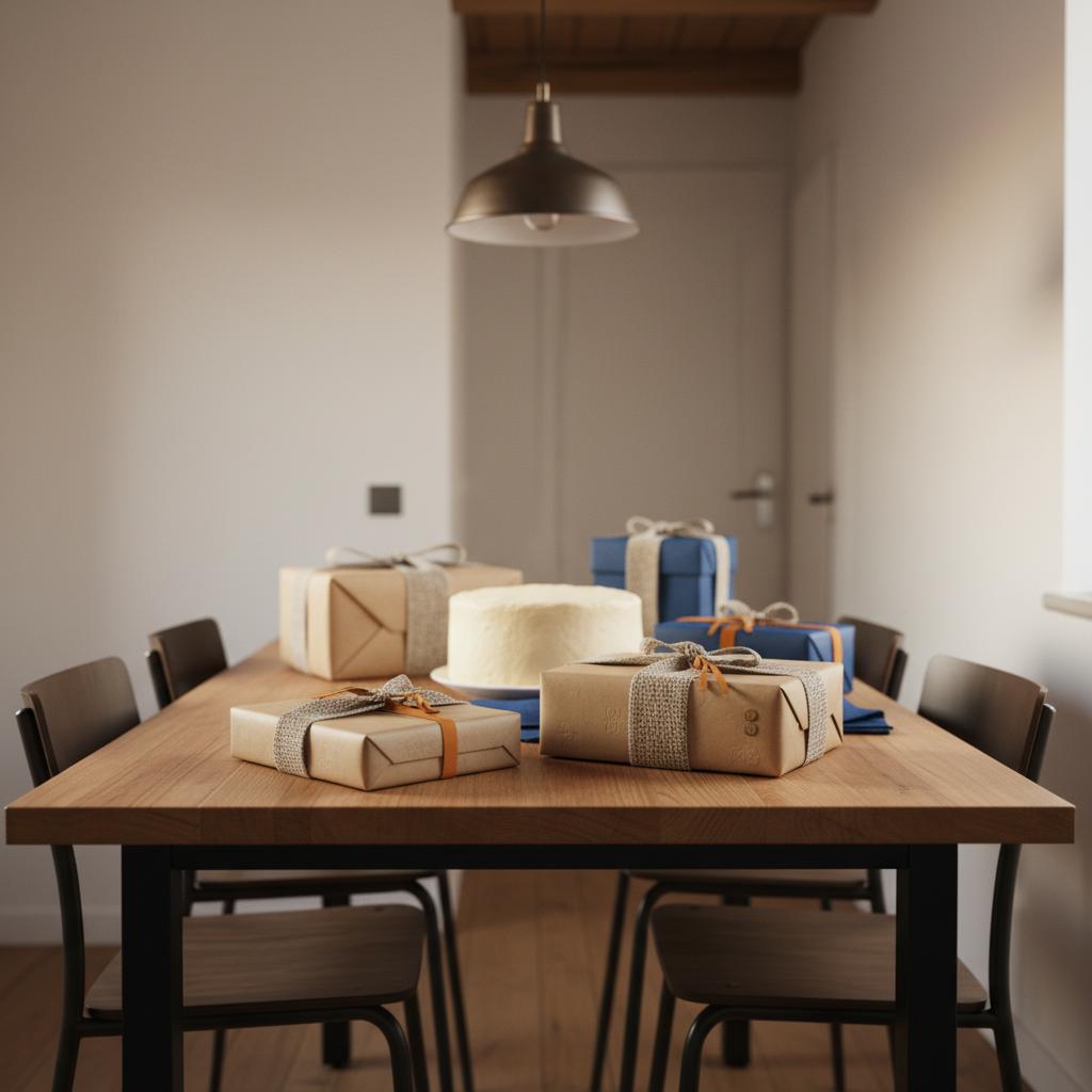 Intime Esstischszene mit Geschenkboxen, einfacher Vanilletorte und detailreichen Präsenten – Inspiration: was schenkt man zum 60. Geburtstag