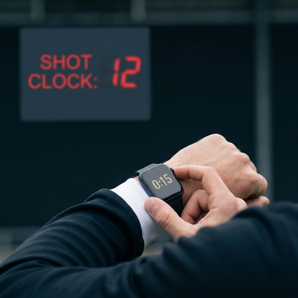 Close up referee checking wristwatch with visible shot clock in background illustrating pace of play enforcement for six nations betting