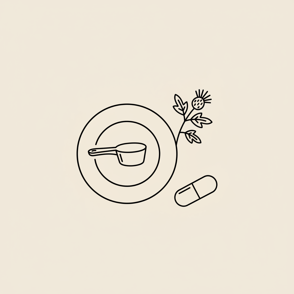 Minimal Tonum-style vector line illustration of a plate with a scoop, a capsule, and a milk thistle sprig on beige background — best protein shake 2025