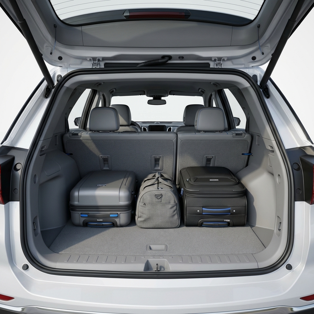 Rear seat legroom and cargo area of a chevy equinox suv seen from open liftgate showing two carry on suitcases and a duffel fitting with seats up minimalist studio background