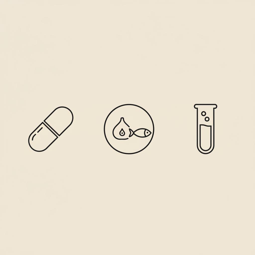 Minimalist Tonum-style line-art trio of a capsule, a plate with a small fig and fish, and a test tube on beige background, illustrating vitamin for tiredness.