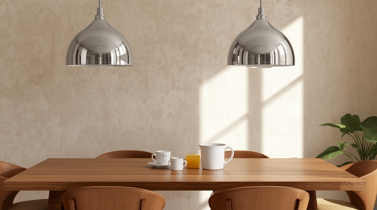How to Pair Chrome Pendant Lights With a Warm Wood Dining Table - chrome decorative objects arranged on a warm wood console