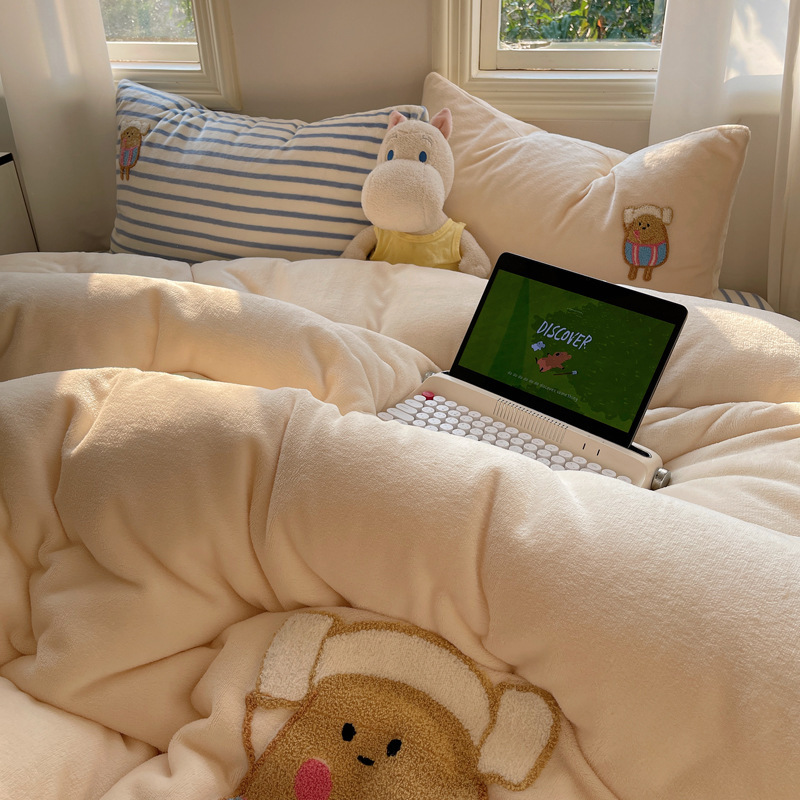Milchfaser-Fleece Bettwäsche-Set, Cartoon-Design, warm