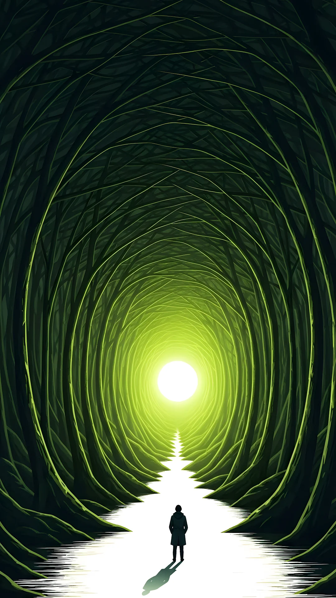 Conceptual Illustration of a Figure Entering a Tunnel of Forest Trees Towards a Bright Opening - Free 4K mobile Wallpaper