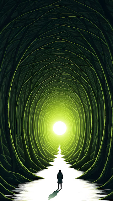 Conceptual Illustration of a Figure Entering a Tunnel of Forest Trees Towards a Bright Opening - Free mobile Wallpaper