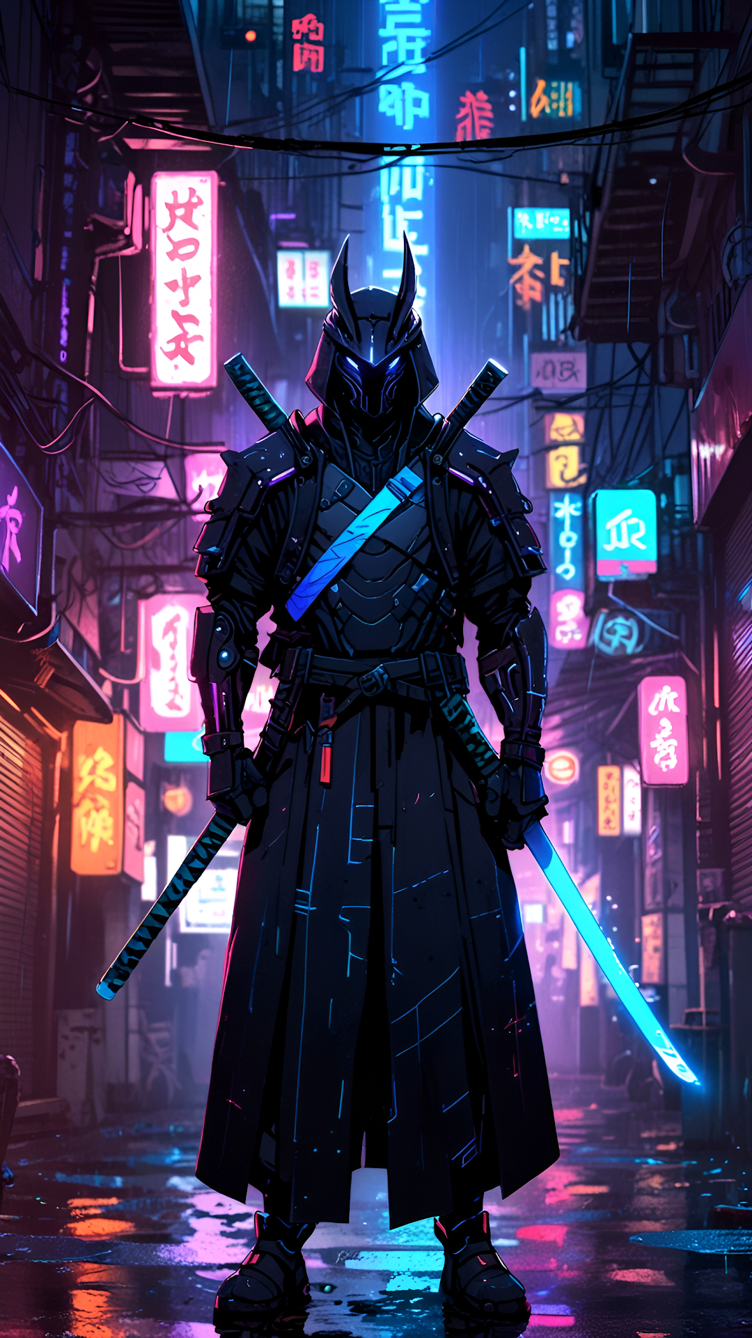 Neon Cyber Samurai Warrior Glowing Katanas Alley - Free 4K mobile Wallpaper