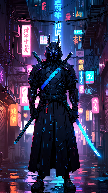 Neon Cyber Samurai Warrior Glowing Katanas Alley - Free mobile Wallpaper