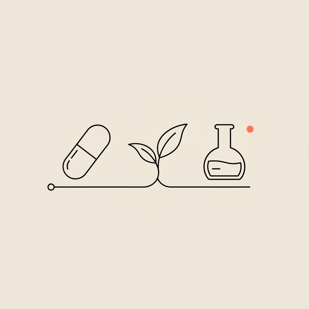 Minimalist vector line illustration of a capsule, stylized green tea leaf, and lab beaker on beige background representing green tea fat burner concept.