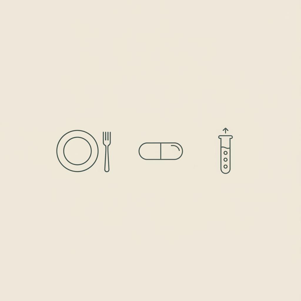 Minimal Tonum-style line illustration of a plate, capsule, and lab test tube with upward dots representing elevated liver enzymes on a beige background.