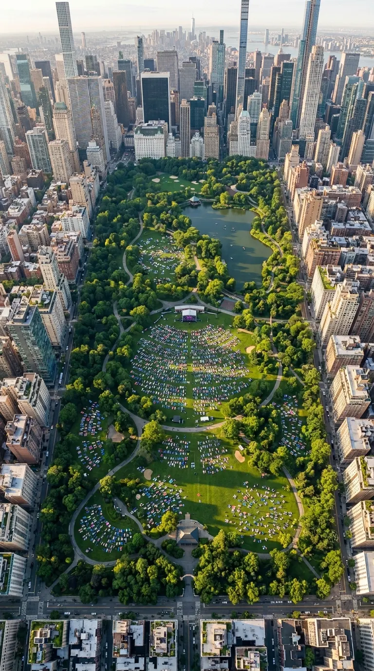 Aerial View of Urban Park Yoga Session with City Skyscrapers - Free 4K mobile Wallpaper