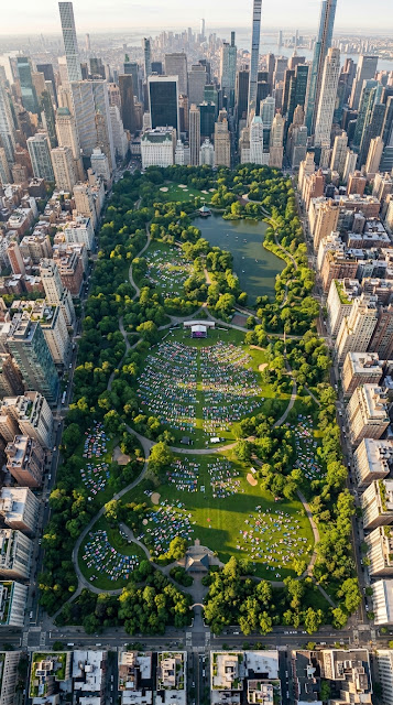 Aerial View of Urban Park Yoga Session with City Skyscrapers - Free mobile Wallpaper