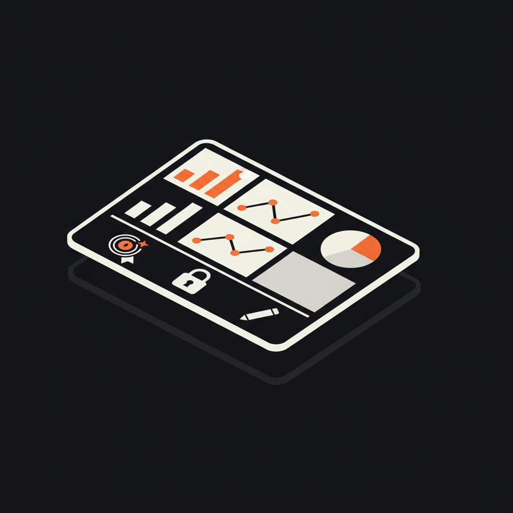 Isometric 2D vector dashboard with simplified charts, creator badge, padlock for privacy and pencil icon for content on black background — Forbes digital marketing visual.