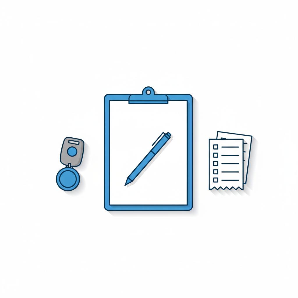 Minimalist overhead vector of a used car checklist on a clipboard with service receipts and a key fob emphasizing age or mileage tracking