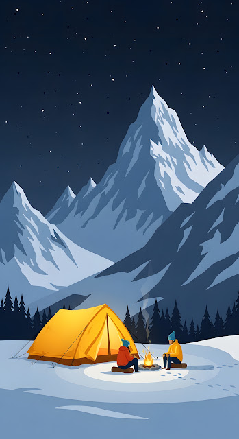 Minimalist Winter Camping Scene under Starry Mountain Sky - Free mobile Wallpaper