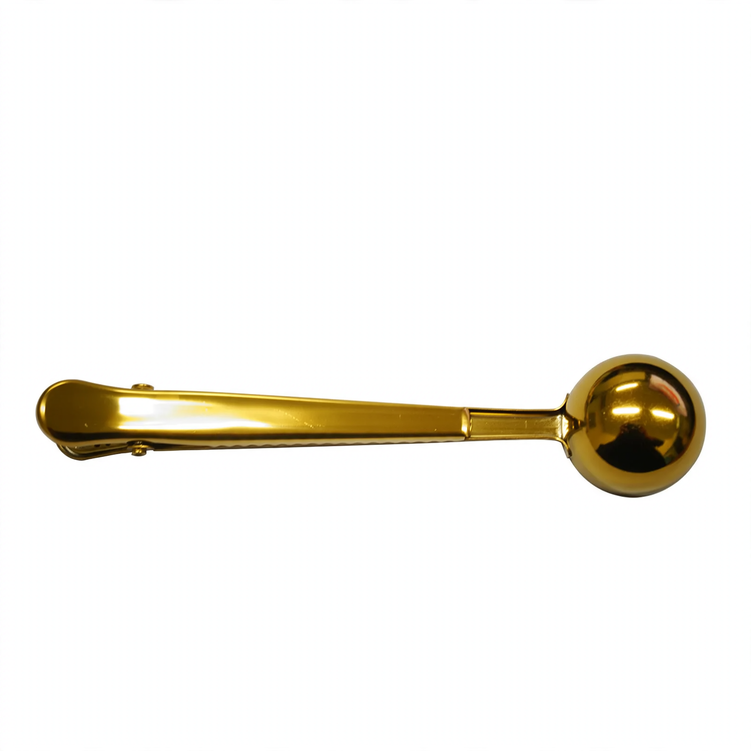 Stainless steel coffee spoon with sealing clamp