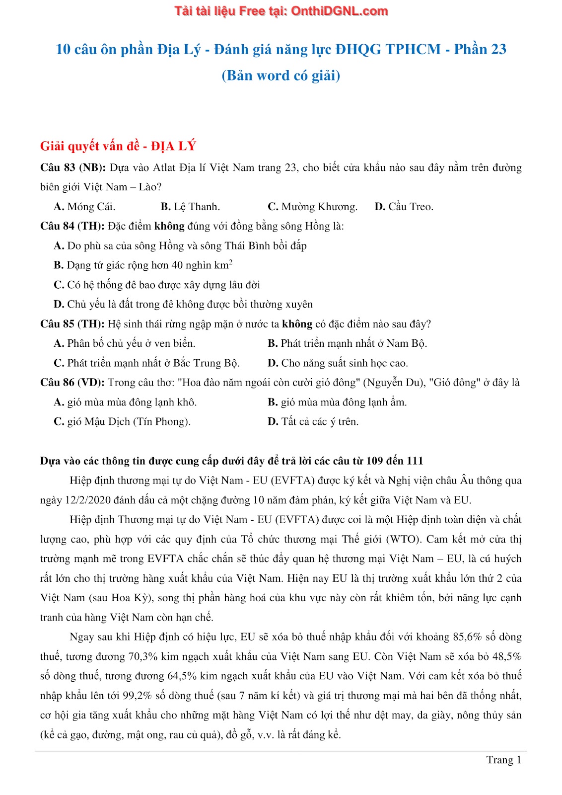 250 bài tập môn Địa Lý - Ôn thi ĐGNL ĐHQG TP HCM Phần 23