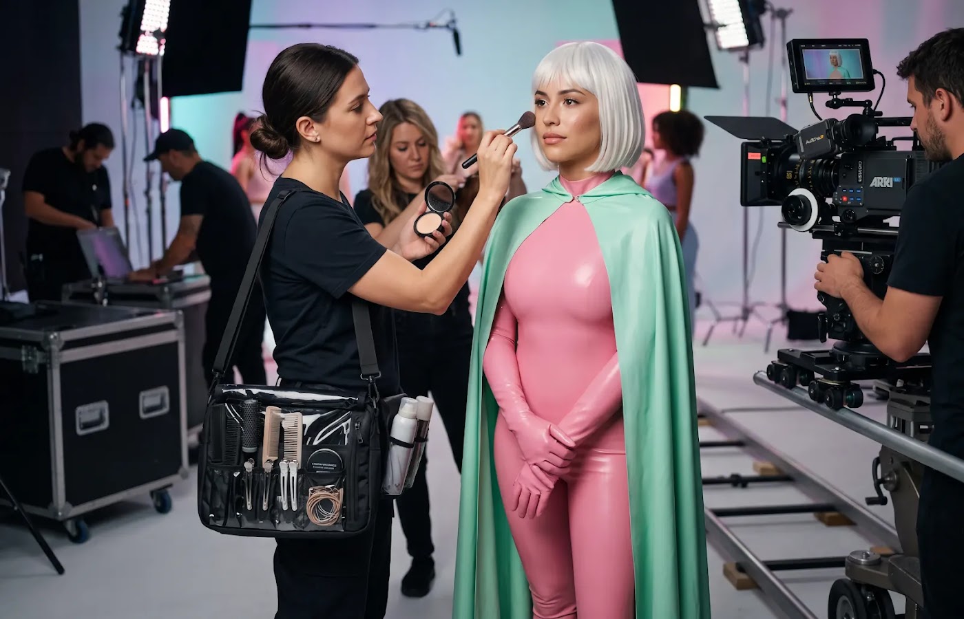 Equipo de maquillaje operativo en set durante una jornada de video musical con kit de retoques y producción en contexto.