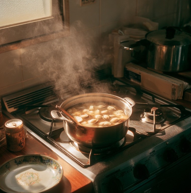 냄비에서 굴떡국을 끓이는 조리 장면