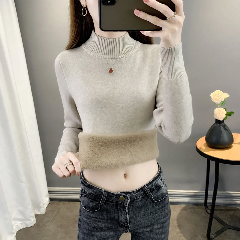 Women's knit sweater with lining, warm and figure-hugging