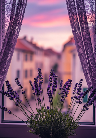 Lavender Blooms by Lace Curtain Window