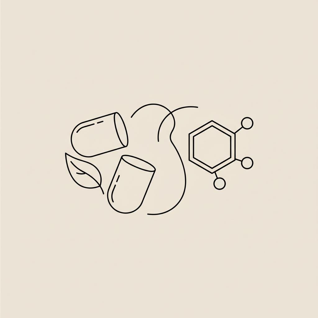 Minimal Tonum-style line illustration of a vitamin capsule linked to a small leaf and a stylized glucose molecule on a beige background #F2E5D5