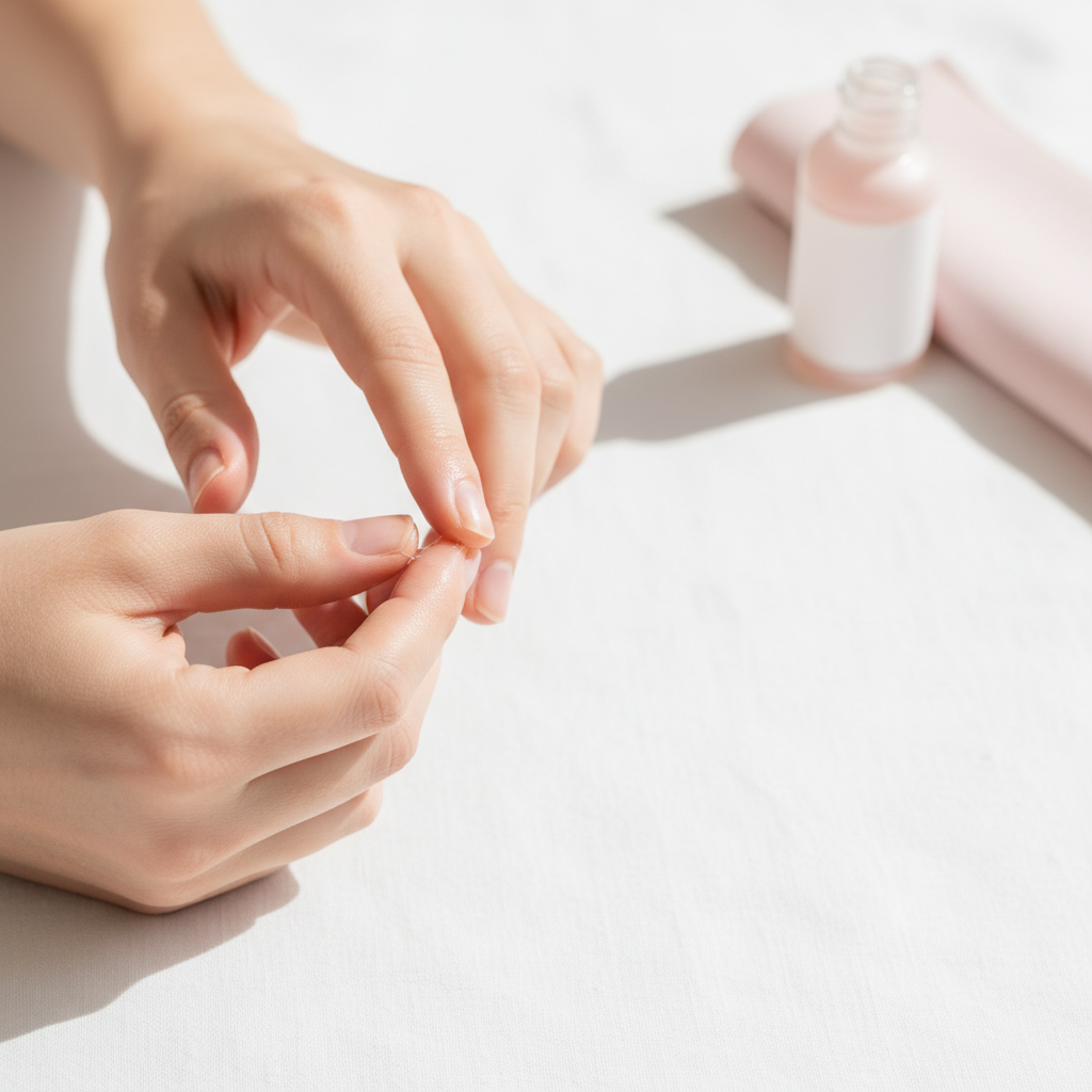 Nahaufnahme einer Hand massiert Nagelöl in die Nagelhaut auf weißem Leinen – weiche Nägel Ursachen, minimalistisches Beauty-Lifestyle-Bild mit pastellakzent #f57fb6.