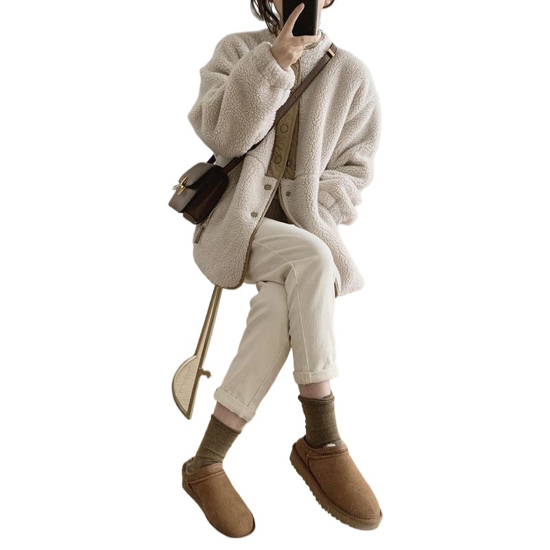Lamb fleece coat, stand-up collar, with tie belt