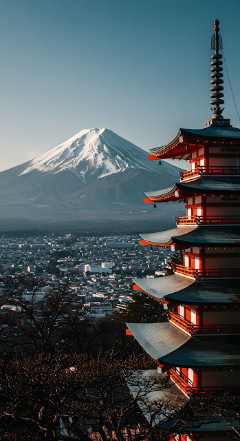 Chureito Pagoda Overlooking Fujiyoshida and Mount Fuji - Free mobile Wallpaper