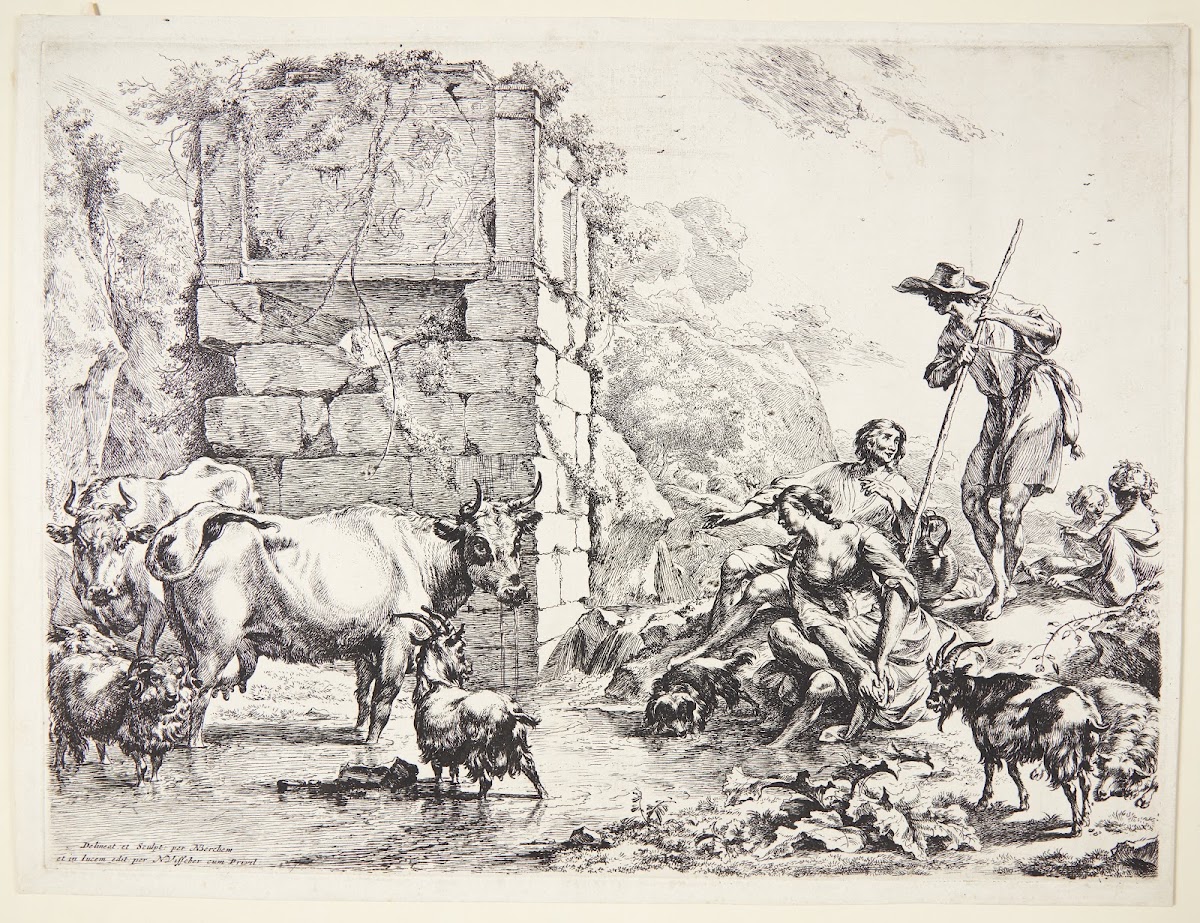 En hyrde vander sine dyr ved en tilgroet ruin 1680