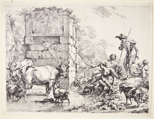 En hyrde vander sine dyr ved en tilgroet ruin 1680