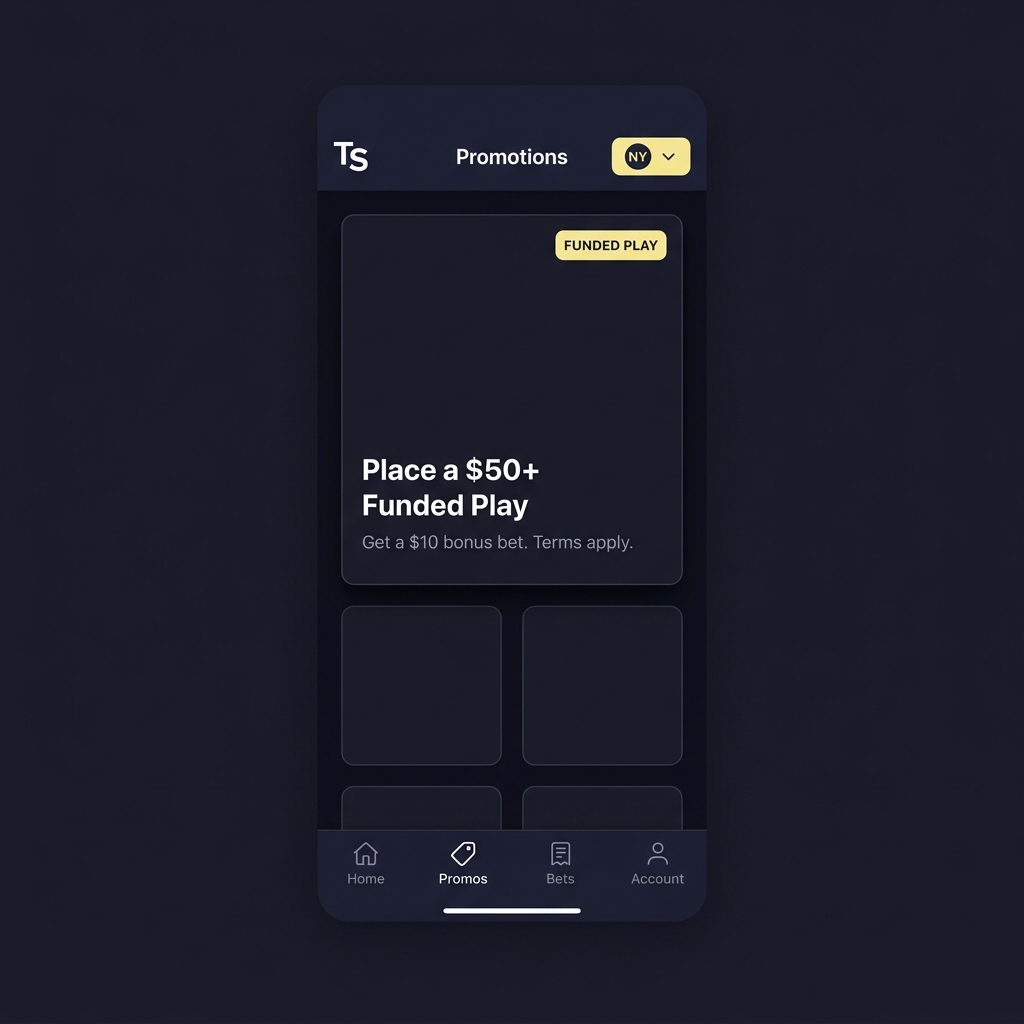 Screenshot style mockup of twinspires betting app promotions page showing highlighted state selector and a sample promo tile on a dark Funded Plays themed background