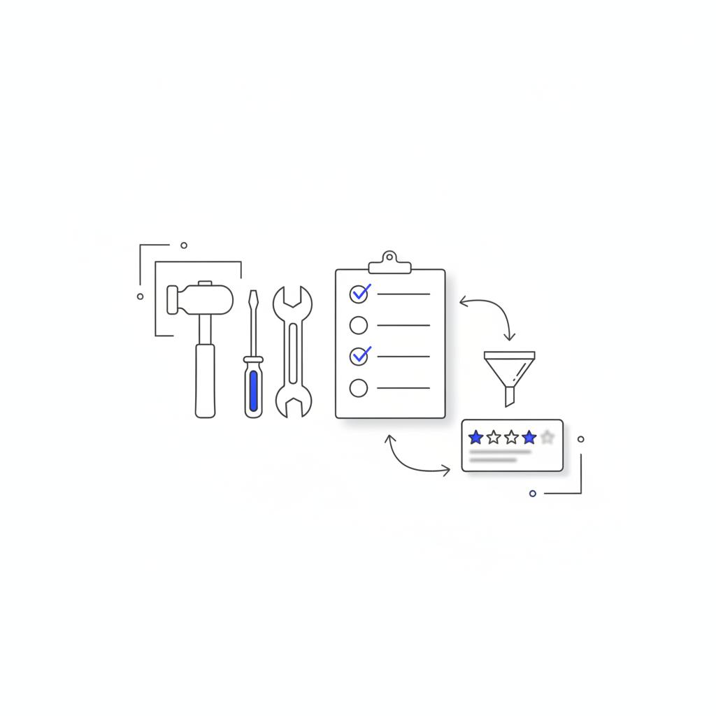 Vector illustration of contractor tools and a minimalist checklist with blurred review stars, representing is yelp free for contractors