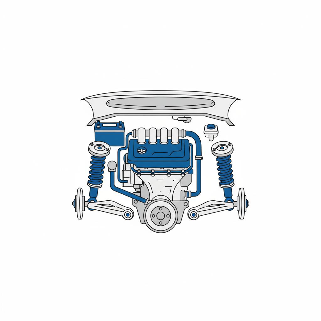 Minimalist 2D vector illustration of a car engine bay and front suspension components on white background with brand blue accents 3666ed highlighting engine cover and shock absorber suitable for car prices article