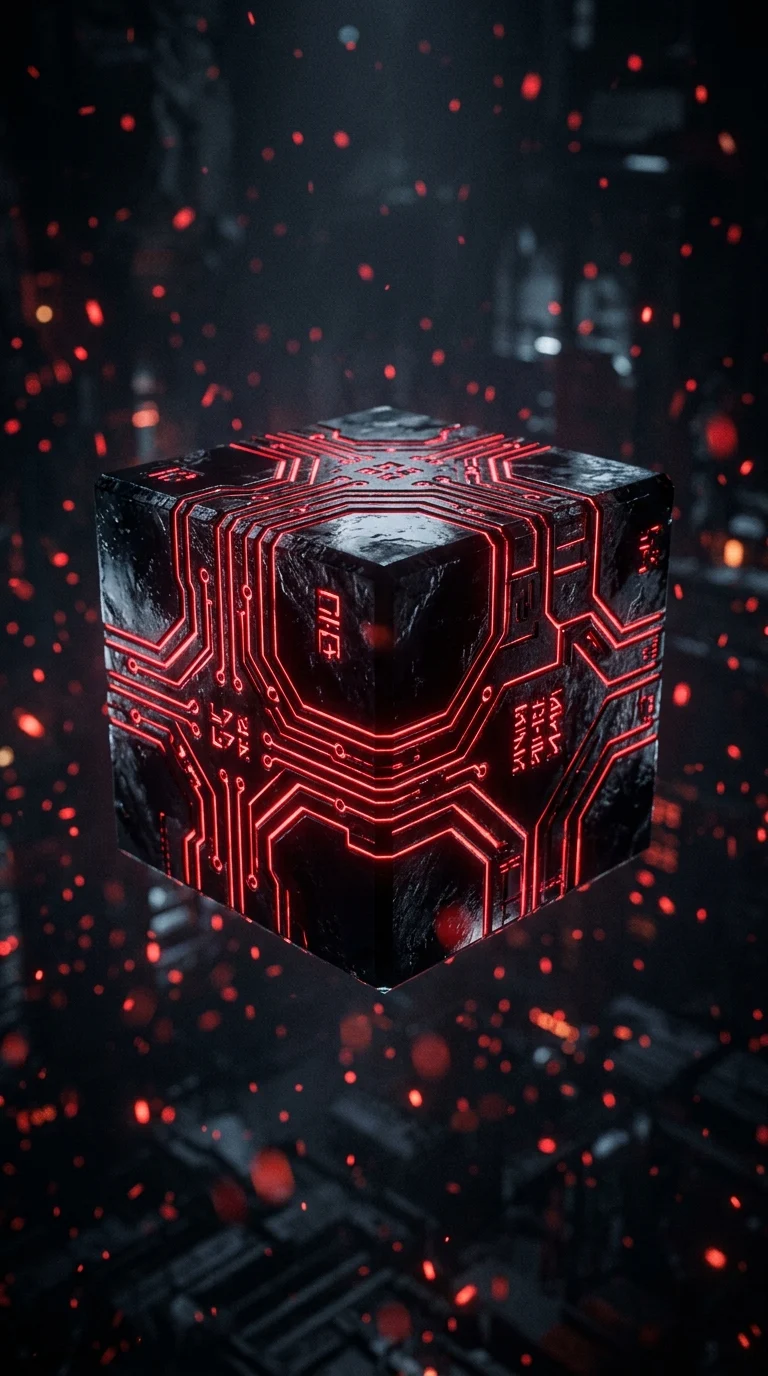 Abstract Cybernetic Data Cube with Red Glowing Circuitry - Free 4K mobile Wallpaper