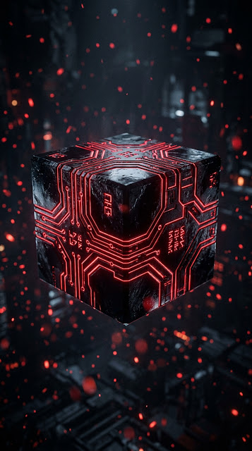 Abstract Cybernetic Data Cube with Red Glowing Circuitry - Free mobile Wallpaper