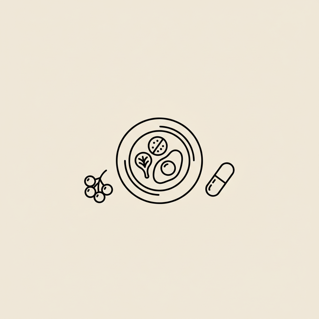 Minimal Tonum-style vector line illustration of a plate with a balanced meal, a capsule, and a small bunch of berries on beige background — are meal replacement drinks good for losing weight?