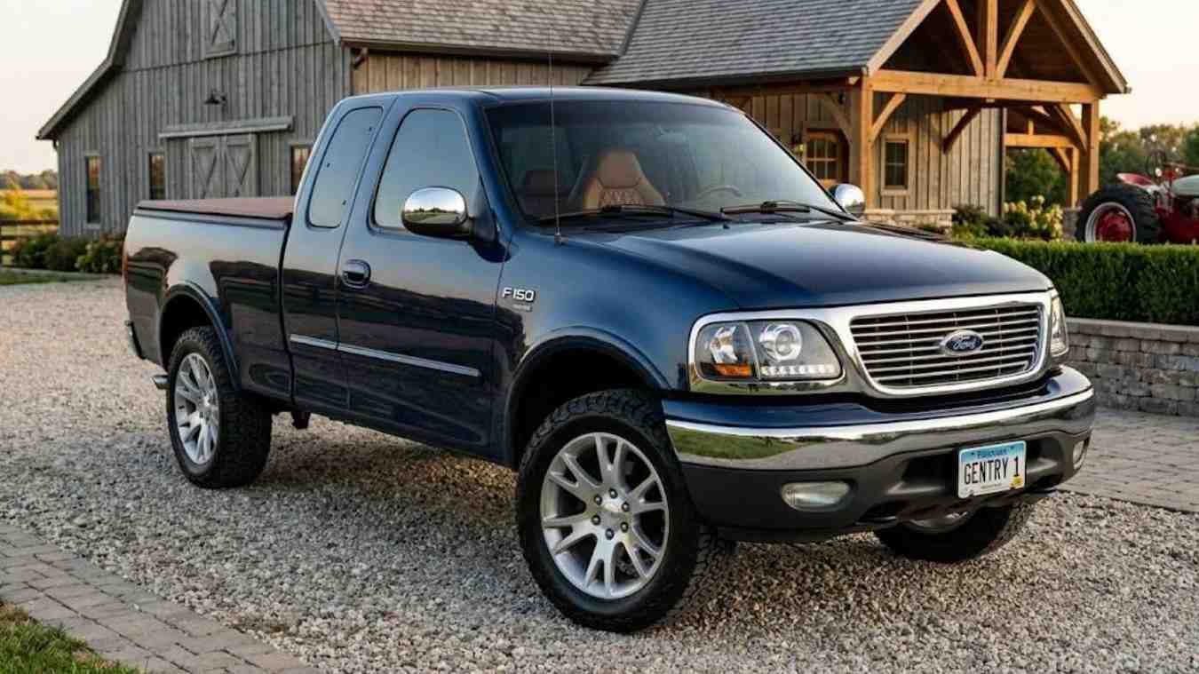 Used blue Ford F-150 parked on gravel, showing the older truck exterior before interior refresh and protection upgrades.