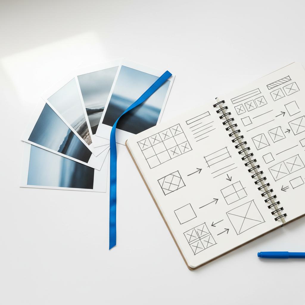 Flat-lay of a curated photo gallery: printed photos fanned beside an open notebook with dark-gray hand-drawn layout sketches on white, subtle blue accent ribbon for a wedding website.