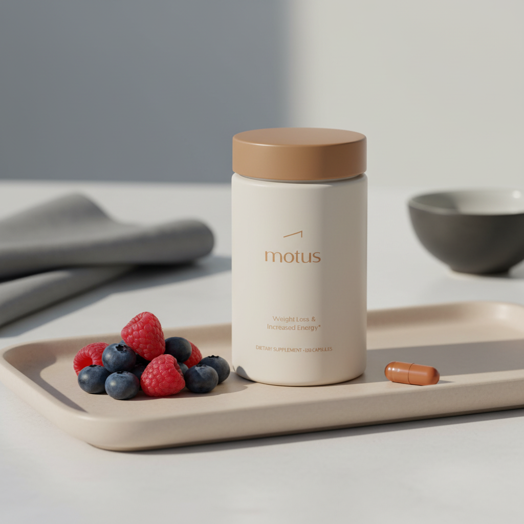 Matte white Motus bottle with weight loss pills on beige tray, berries and a single spilled capsule in a minimalist health-focused kitchen scene