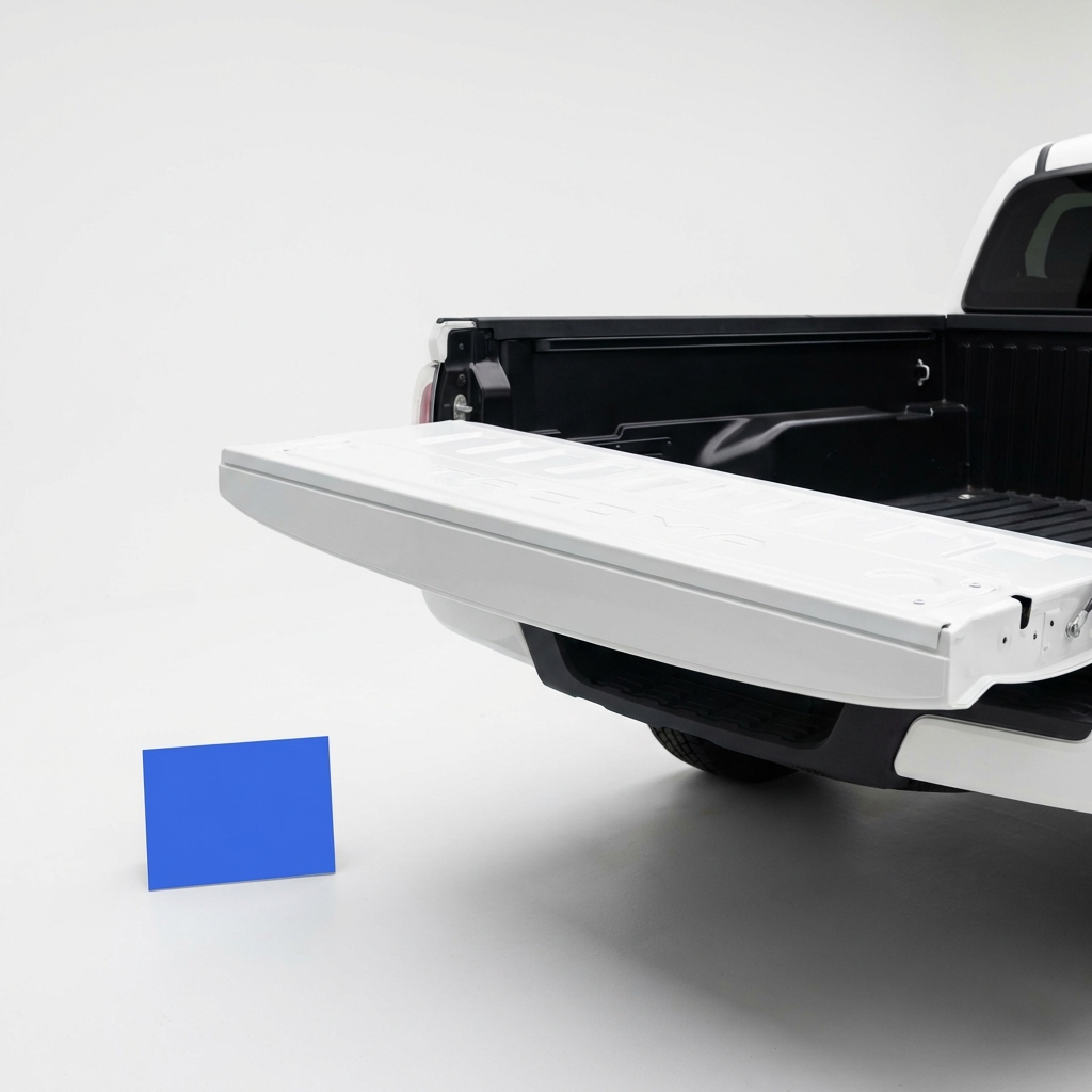 Close up of Toyota Tacoma rear bed and tailgate in natural light showing clean condition and a small 3666ed accent sign emphasizing Toyota resale value